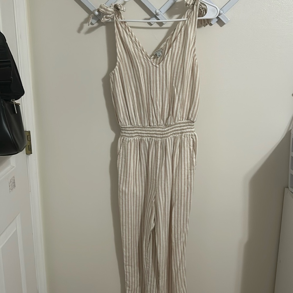 Tan and white striped jumpsuit romper